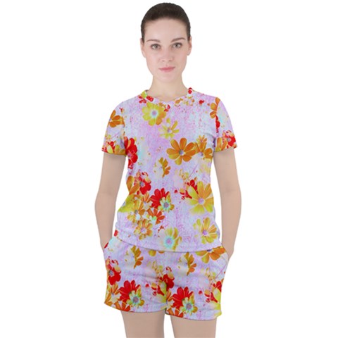 Cosmos Flowers Orange Women s Tee And Shorts Set by DinkovaArt