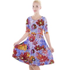 Cosmos Flowers Brown Quarter Sleeve A-line Dress by DinkovaArt