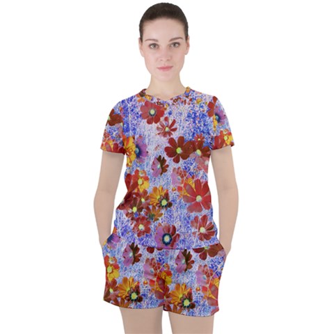 Cosmos Flowers Brown Women s Tee And Shorts Set by DinkovaArt