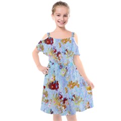 Cosmos Flowers Ligh Blue Kids  Cut Out Shoulders Chiffon Dress by DinkovaArt