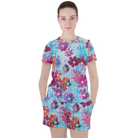 Cosmos Flowers Women s Tee And Shorts Set by DinkovaArt