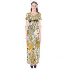 Cosmos Flowers Sepia Color Short Sleeve Maxi Dress by DinkovaArt