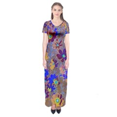 Cosmos Flowers Brown Blue Short Sleeve Maxi Dress by DinkovaArt