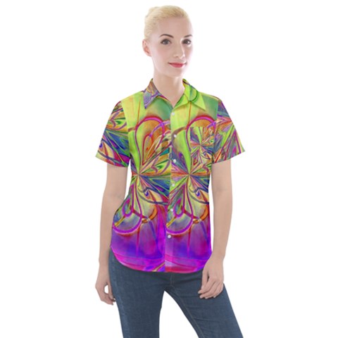 Rainbow Painting Pattern 4 Women s Short Sleeve Pocket Shirt by DinkovaArt