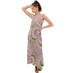 Pastel Pink Abstract Floral Print Pattern V-neck Chiffon Maxi Dress by SpinnyChairDesigns