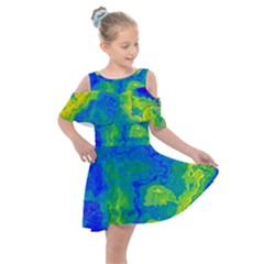 Neon Green Blue Grunge Texture Pattern Kids  Shoulder Cutout Chiffon Dress by SpinnyChairDesigns