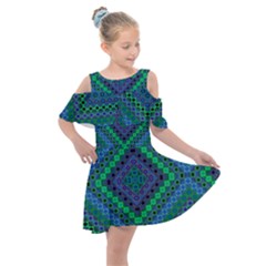 Blue Green Diamond Pattern Kids  Shoulder Cutout Chiffon Dress by SpinnyChairDesigns