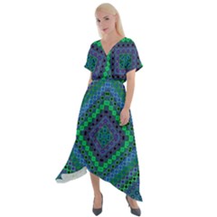 Blue Green Diamond Pattern Cross Front Sharkbite Hem Maxi Dress by SpinnyChairDesigns