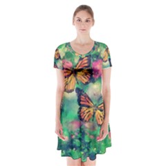 Watercolor Monarch Butterflies Short Sleeve V-neck Flare Dress by SpinnyChairDesigns