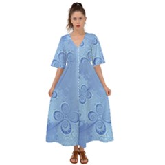 Light Blue Intricate Swirls Pattern Kimono Sleeve Boho Dress by SpinnyChairDesigns