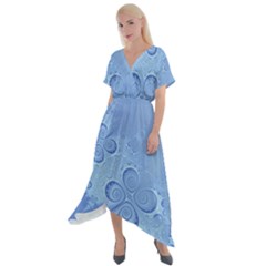 Light Blue Intricate Swirls Pattern Cross Front Sharkbite Hem Maxi Dress by SpinnyChairDesigns