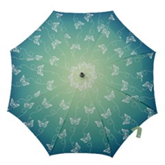 White Butterflies On Blue And Light Green Hook Handle Umbrellas (small) by SpinnyChairDesigns