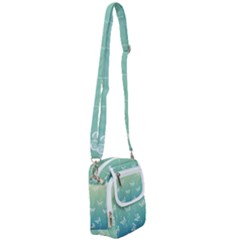 White Butterflies On Blue And Light Green Shoulder Strap Belt Bag by SpinnyChairDesigns