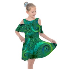 Green Floral Fern Swirls And Spirals Kids  Shoulder Cutout Chiffon Dress by SpinnyChairDesigns