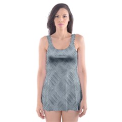 Grey Diamond Plate Metal Texture Skater Dress Swimsuit by SpinnyChairDesigns