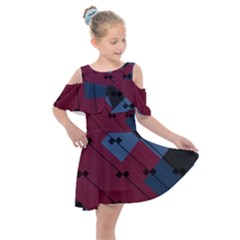 Burgundy Black Blue Abstract Check Pattern Kids  Shoulder Cutout Chiffon Dress by SpinnyChairDesigns