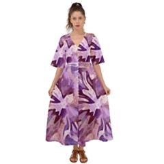 Plum Purple Abstract Floral Pattern Kimono Sleeve Boho Dress by SpinnyChairDesigns