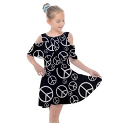 Black And White Peace Symbols Kids  Shoulder Cutout Chiffon Dress by SpinnyChairDesigns