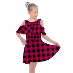 Dark Pink Black Buffalo Plaid Kids  Shoulder Cutout Chiffon Dress by SpinnyChairDesigns