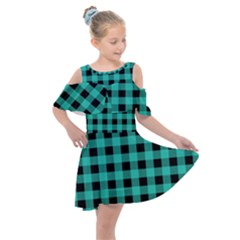 Turquoise Black Buffalo Plaid Kids  Shoulder Cutout Chiffon Dress by SpinnyChairDesigns