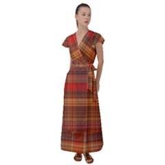 Madras Plaid Fall Colors Flutter Sleeve Maxi Dress by SpinnyChairDesigns