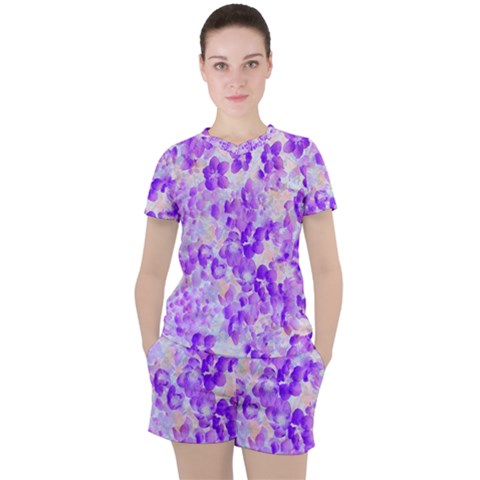 Purple Spring Flowers Women s Tee And Shorts Set by DinkovaArt