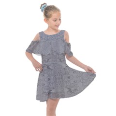 Silver Grey Decorative Floral Pattern Kids  Shoulder Cutout Chiffon Dress by SpinnyChairDesigns