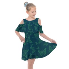 Midnight Green Butterflies Pattern Kids  Shoulder Cutout Chiffon Dress by SpinnyChairDesigns