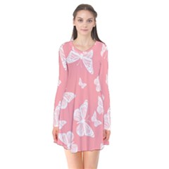 Pink And White Butterflies Long Sleeve V-neck Flare Dress by SpinnyChairDesigns