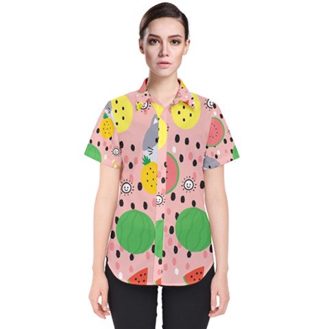 Cats And Fruits  Women s Short Sleeve Shirt by Sobalvarro