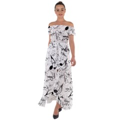 Black And White Music Notes Off Shoulder Open Front Chiffon Dress by SpinnyChairDesigns