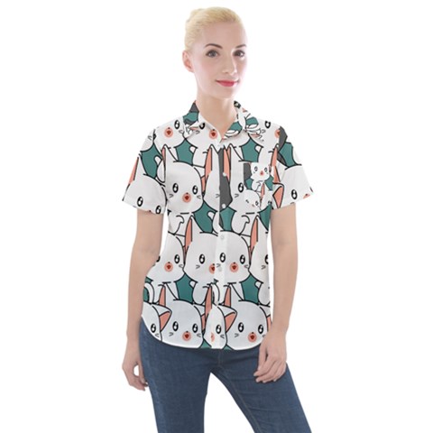 Seamless-cute-cat-pattern-vector Women s Short Sleeve Pocket Shirt by Sobalvarro