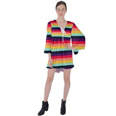 Contrast Rainbow Stripes V-neck Flare Sleeve Mini Dress by tmsartbazaar