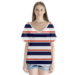 Red With Blue Stripes V-neck Flutter Sleeve Top by tmsartbazaar