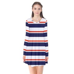 Red With Blue Stripes Long Sleeve V-neck Flare Dress by tmsartbazaar