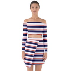 Red With Blue Stripes Off Shoulder Top With Skirt Set by tmsartbazaar