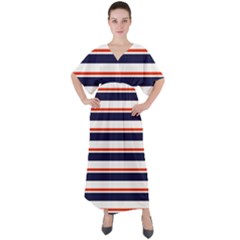 Red With Blue Stripes V-neck Boho Style Maxi Dress by tmsartbazaar