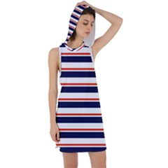 Red With Blue Stripes Racer Back Hoodie Dress by tmsartbazaar