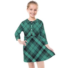 Biscay Green Black Plaid Kids  Quarter Sleeve Shirt Dress by SpinnyChairDesigns