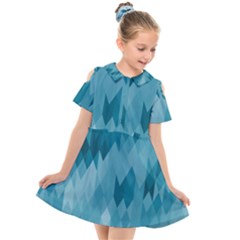 Cerulean Blue Geometric Patterns Kids  Short Sleeve Shirt Dress by SpinnyChairDesigns