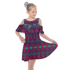 Boho Red Teal Pattern Kids  Shoulder Cutout Chiffon Dress by SpinnyChairDesigns