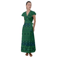 Boho Emerald Green And Blue  Flutter Sleeve Maxi Dress by SpinnyChairDesigns