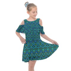 Boho Teal Green Blue Pattern Kids  Shoulder Cutout Chiffon Dress by SpinnyChairDesigns