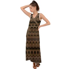 Boho Green Brown Pattern V-neck Chiffon Maxi Dress by SpinnyChairDesigns