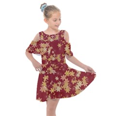 Gold And Tuscan Red Floral Print Kids  Shoulder Cutout Chiffon Dress by SpinnyChairDesigns