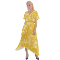 Saffron Yellow Floral Print Cross Front Sharkbite Hem Maxi Dress by SpinnyChairDesigns