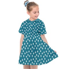 Teal White Floral Print Kids  Sailor Dress by SpinnyChairDesigns