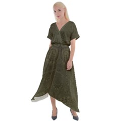 Rustic Green Brown Swirls Cross Front Sharkbite Hem Maxi Dress by SpinnyChairDesigns