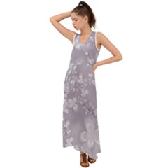 Pale Mauve White Flowers V-neck Chiffon Maxi Dress by SpinnyChairDesigns