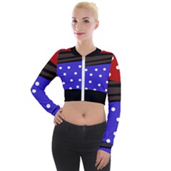 Mixed Polka Dots And Lines Pattern, Blue, Red, Brown Long Sleeve Cropped Velvet Jacket by Casemiro